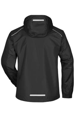 A black men's rain jacket with a hood and reflective details on the back. It features a logo.