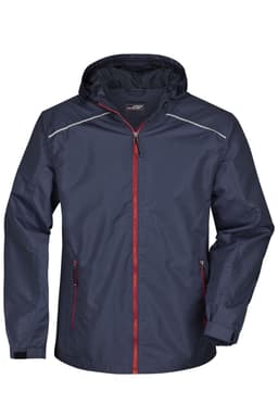 A men's rain jacket in navy blue with red accents, featuring a hood and zippered pockets. It has a logo on it.
