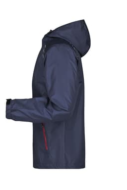A navy men's rain jacket with a hood, featuring zippered pockets and a logo on the sleeve.