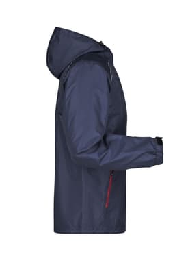 A men's rain jacket in navy with a hood and zipped pockets, featuring a logo on the sleeve.