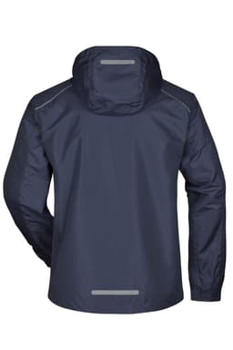 A navy men's rain jacket featuring a hood and reflective detailing on the back, with a logo.