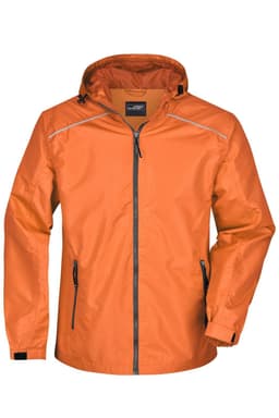 An orange men's rain jacket with a hood, featuring zippered pockets and a logo.