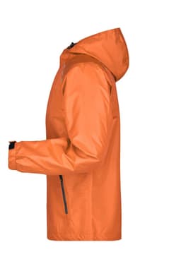 A men's rain jacket in bright orange, featuring a hood and zippered pockets, displayed from the side.