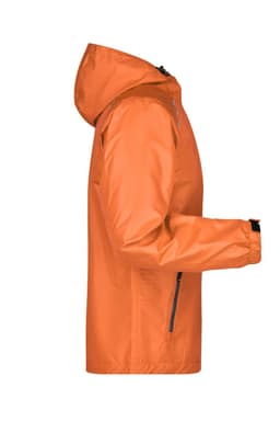 An orange men's rain jacket with a hood and zippered pockets, featuring a logo on the chest.