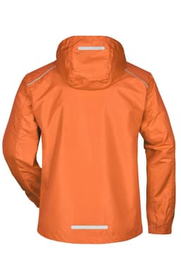 An orange men's rain jacket featuring a hood and reflective detailing on the back. It has a logo present.