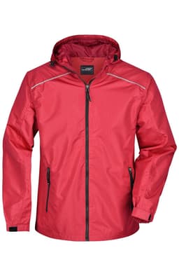 A men's rain jacket in bright red with a hood, zip closure, and reflective detailing. Features pockets and a logo.
