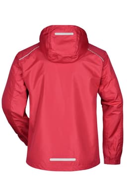 A red men's rain jacket featuring a hood and reflective detailing at the back. It has a logo on the sleeve.