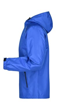 A blue men's rain jacket featuring a hood, long sleeves, and a zippered pocket. Includes a logo on the front.