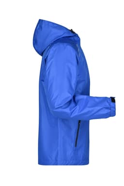 A blue men's rain jacket with a hood, featuring a zippered pocket and elastic cuffs. It has a logo on it.
