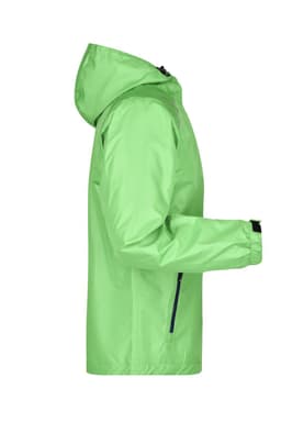 A green men's rain jacket with a hood and zippered pockets, featuring a logo on the front.