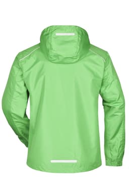 A green men's rain jacket with a hood and reflective accents on the back. Features a logo on the upper section.