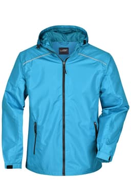 A men's rain jacket in a bright blue colour, featuring a hood and zippered pockets. It has a logo on the chest.
