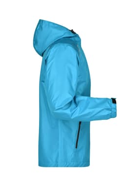 A blue men's rain jacket featuring a hood, side pockets, and a branded logo. 
