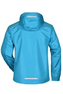 A blue men's rain jacket featuring a hood and reflective detailing on the back. It has a logo on the fabric.