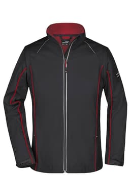 A softshell jacket in black with red accents, featuring a zip front and a logo on the sleeve.