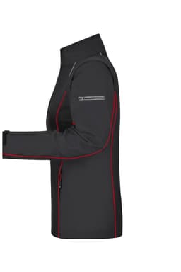 A black ladies' zip-off softshell jacket with red accents and a sleek, fitted design. Features include zippered pockets and a logo.