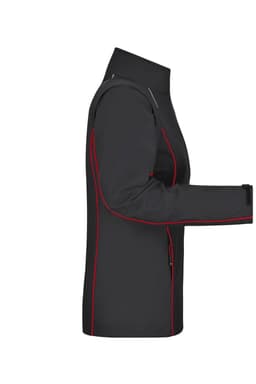 A ladies' zip-off softshell jacket in black with red piping, featuring a sleek design and a fitted silhouette.