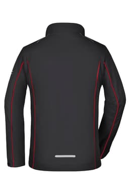 A black ladies' zip-off softshell jacket with red accents and a reflective logo on the back.