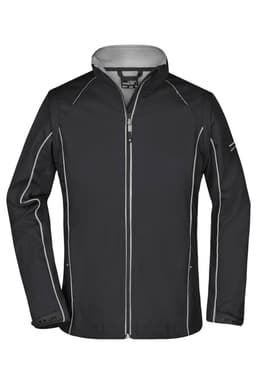 A ladies' softshell jacket in black with zip-off features and contrasting white stitching. It has a logo on the sleeve.