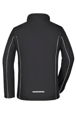 A black ladies zip-off softshell jacket featuring contrasting white stitching and a collar, with a logo on the back.