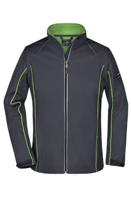 A grey softshell jacket with green detailing and a zip front, featuring a logo on the arm.