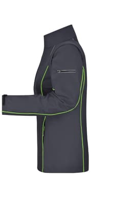 A grey ladies zip-off softshell jacket with green accents and a side zip pocket, featuring a sleek design.