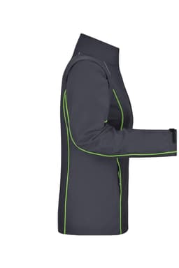 A softshell jacket in dark grey with green accents, featuring a zip-off design and a side view display.