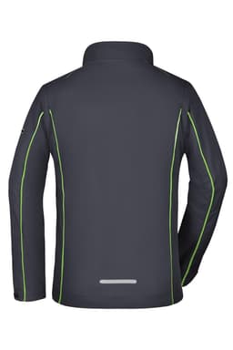 A dark grey softshell jacket with green accents, featuring a zip-off design and a logo on the back.