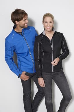 A blue ladies zip-off softshell jacket and a black men's version, both featuring contrasting white stitching.