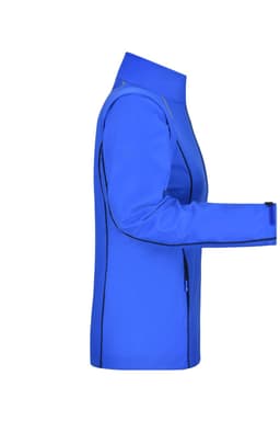 A blue ladies zip-off softshell jacket with a sleek design and zippered pockets, featuring a logo.