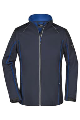 A navy blue zip-off softshell jacket with light blue accents and a logo on the sleeve.