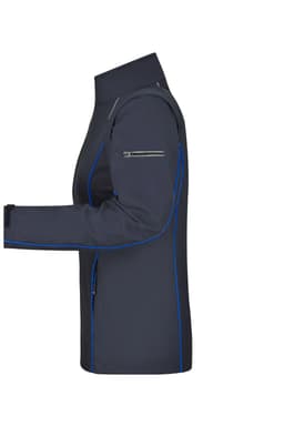 A softshell jacket in navy blue with contrasting blue accents and a zip-off feature, featuring a side view.