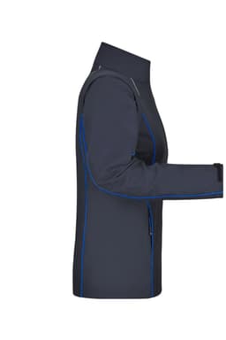 A softshell jacket in dark grey with blue detailing, featuring a high collar and zip-off sleeves.