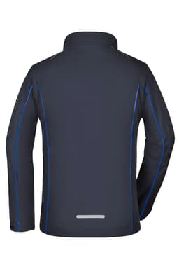 A navy blue ladies zip-off softshell jacket featuring blue detailing and a logo on the sleeve.