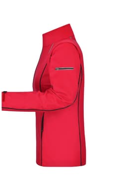 A red ladies zip-off softshell jacket featuring black detailing and a side zip pocket.