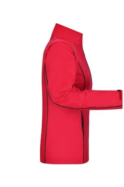 A red ladies zip-off softshell jacket with contrast detailing and a logo on the sleeve.