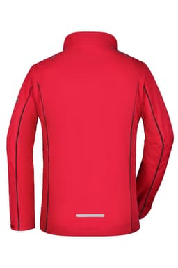 A red zip-off softshell jacket with a high collar and reflective detailing on the back. It features a logo.