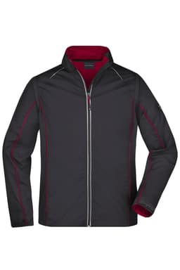 A black zip-off softshell jacket with red accents and a zippered front, featuring a collar and a branded logo.