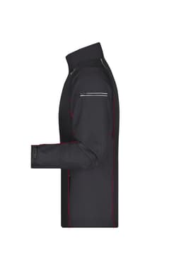 A men's zip-off softshell jacket in black with red accents, featuring a side view and a logo on the collar.