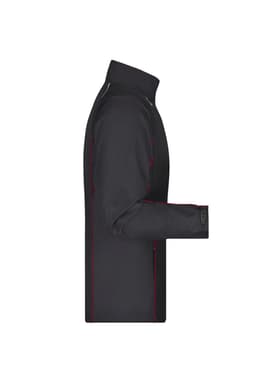 A black men's zip-off softshell jacket with red detailing and a high collar. Features a logo on the sleeve.
