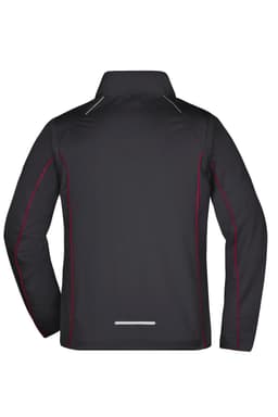 A black zip-off softshell jacket featuring contrasting red stitching and a reflective logo.