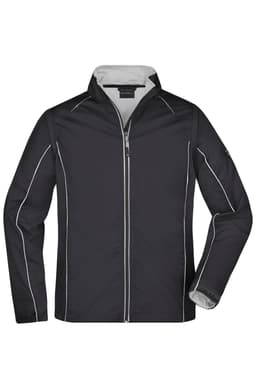 A men's zip-off softshell jacket in black with white piping details, featuring a smooth front and collar.