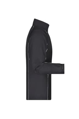 A black men's zip-off softshell jacket featuring a high collar and white trim along the seams. It has a logo on it.