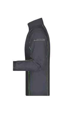 A men's zip-off softshell jacket in charcoal grey with green detailing and a logo. Side view showcasing the design.