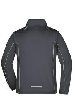 A men's zip-off softshell jacket in dark grey with green detailing, featuring a sporty design and a logo on the back.