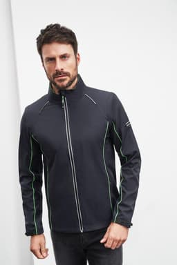 A black softshell jacket with green zipper detailing and a logo on the sleeve.