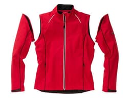 A red zip-off softshell jacket with removable sleeves and contrasting black lining. It features a front zip and two pockets.