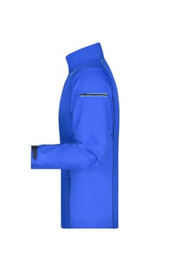 A blue softshell jacket featuring a zip-off design and a logo on the chest pocket.