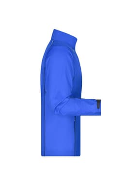 A blue zip-off softshell jacket with a fitted silhouette and a logo present on the fabric.