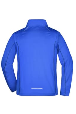 A blue men's zip-off softshell jacket features a sleek design and includes a logo on the back.